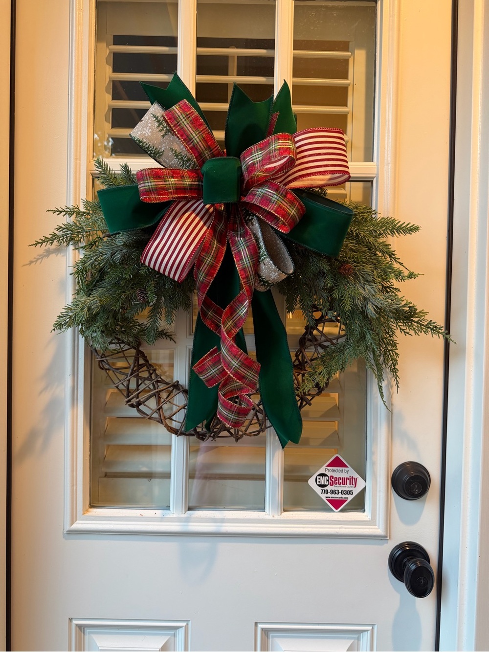 Festive Evergreen Wreath with Red Plaid and Green Velvet Bow